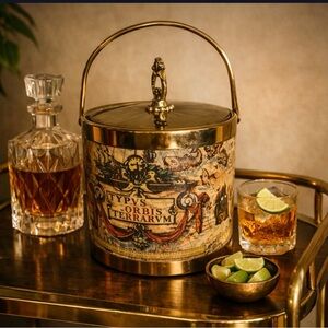 Vintage Map Ice Bucket Gold Handle
